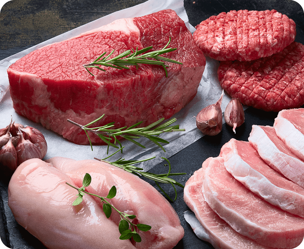 Variety of uncooked meats on display