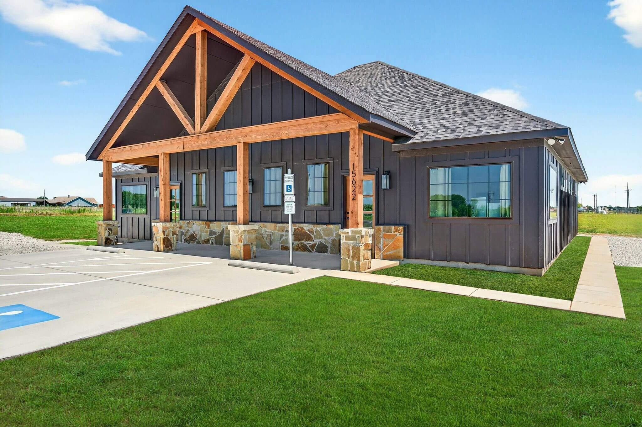 Modern rustic commercial building with wooden beams